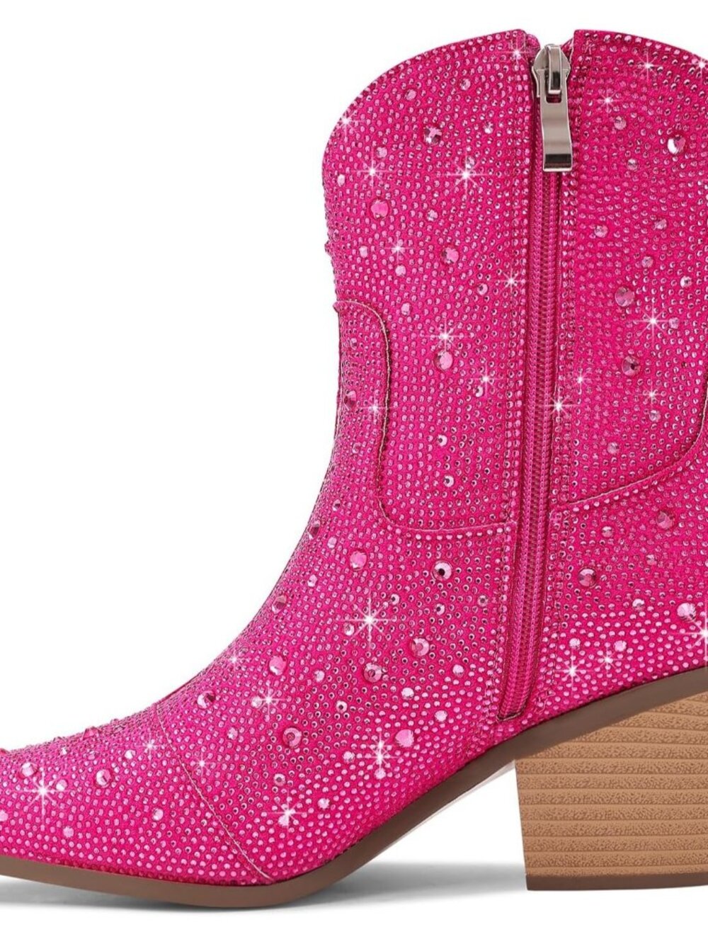 Women's Pink Western Booties Rhinestone Chunky Heel Fashion Cowgirl Ankle Boots - Picture 4 of 7